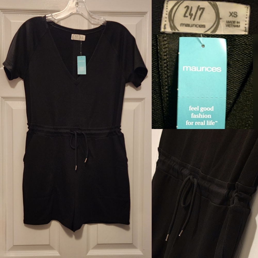NWT Maurices 24/7 Short Sleeve VNeck Short ROMPER ~Drawstring Waist wPockets~ XS